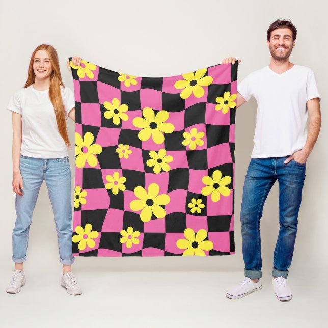 Groovy Daisy Floral Checkerboard, Y2K 90s Fleecedecke (Beispiel)
