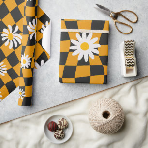 Groovy Daisy Floral Checkerboard, Y2K 90s Geschenkpapier