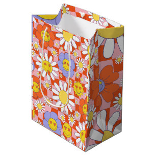 Groovy Daisy Floral Checkerboard, Y2K 90s Mittlere Geschenktüte