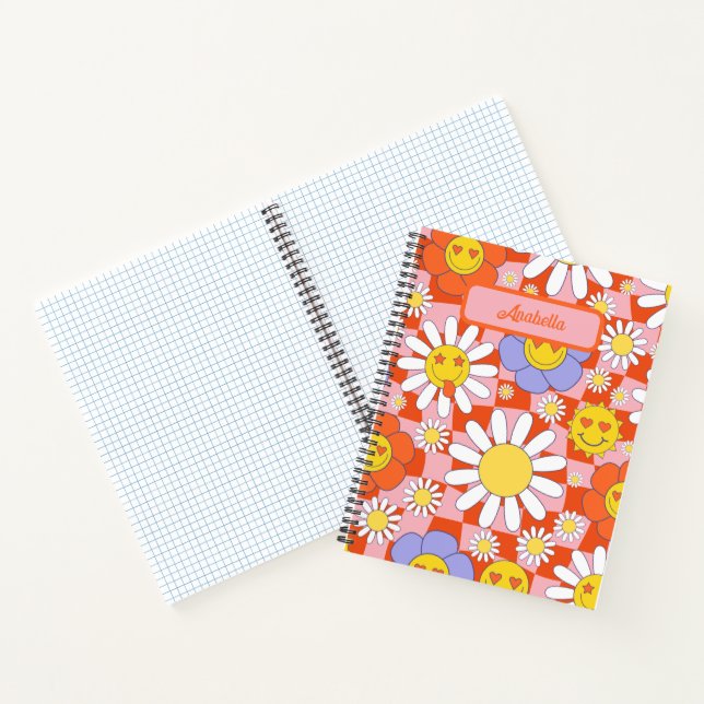 Groovy Daisy Floral Checkerboard, Y2K 90s Notizbuch (Innenseite)