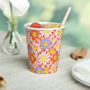 Groovy Daisy Floral Checkerboard, Y2K 90s Pappbecher
