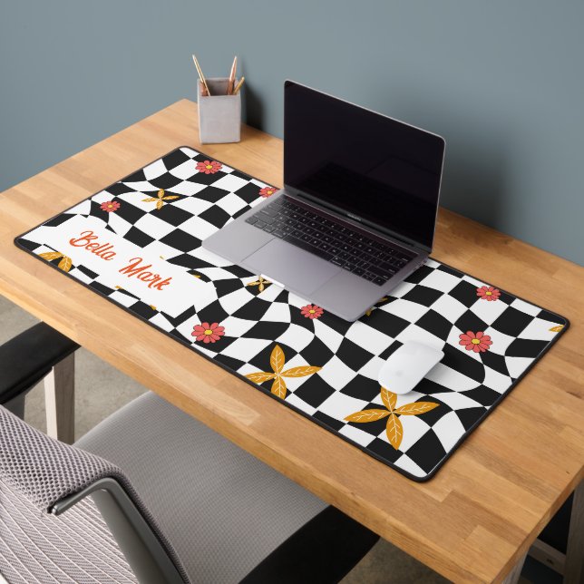 Groovy Daisy Floral Checkerboard, Y2K 90s Schreibtischunterlage (Büro 2)