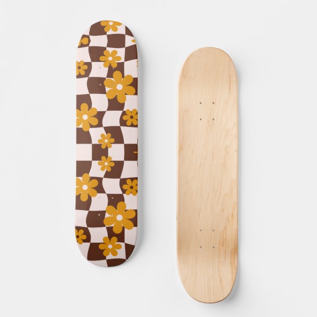 Groovy Daisy Floral Checkerboard, Y2K 90s Skateboard (Vorderseite)