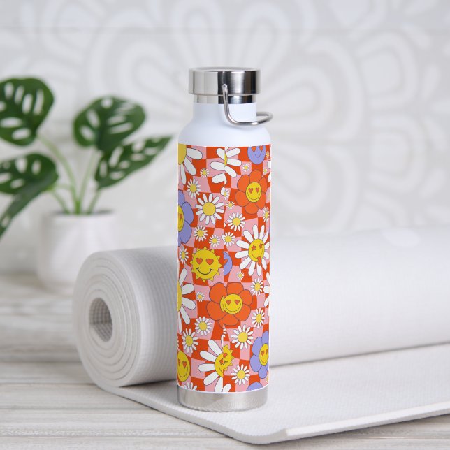 Groovy Daisy Floral Checkerboard, Y2K 90s Trinkflasche (Yoga)