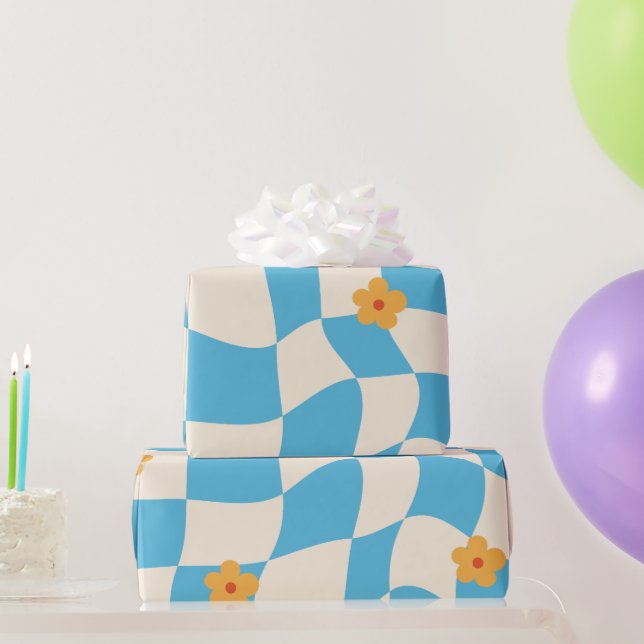 Groovy Daisy Floral Checkerboard, Y2K 90s Wrappin Geschenkpapier (Partygeschenke)