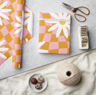 Groovy Daisy Floral Checkerboard, Y2K 90s Wrappin Geschenkpapier