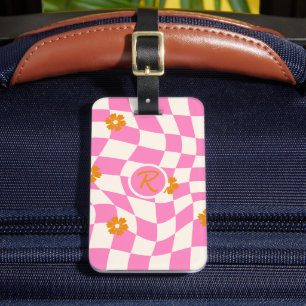 Groovy Daisy Floral Heart Checkerboard, Y2K 90s Gepäckanhänger