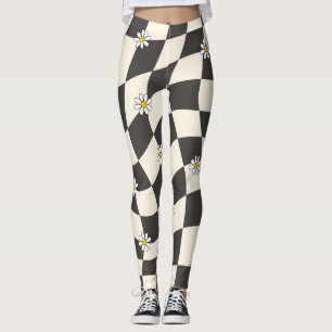 Groovy Daisy Floral Heart Checkerboard, Y2K 90s Leggings