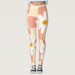 Groovy Daisy Floral Heart Checkerboard, Y2K 90s Leggings