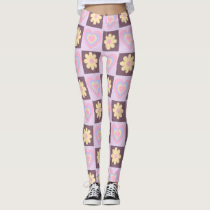 Groovy Daisy Floral Heart Checkerboard, Y2K 90s Leggings