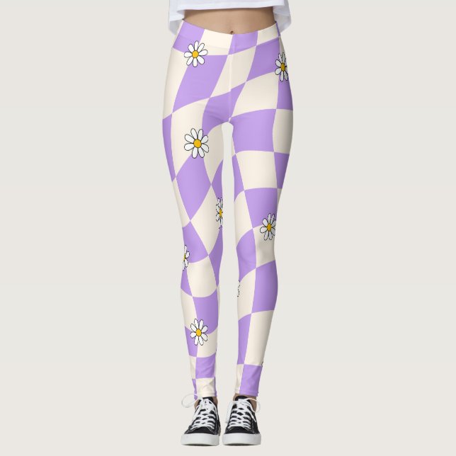 Groovy Daisy Floral Heart Checkerboard, Y2K 90s Leggings (Vorderseite)