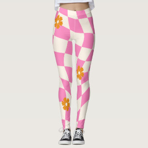 Groovy Daisy Floral Heart Checkerboard, Y2K 90s Leggings