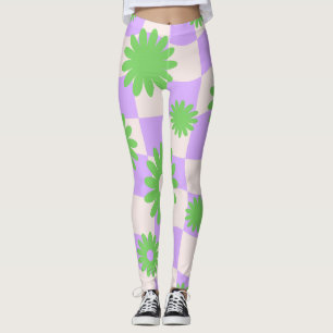 Groovy Daisy Floral Heart Checkerboard, Y2K 90s Leggings