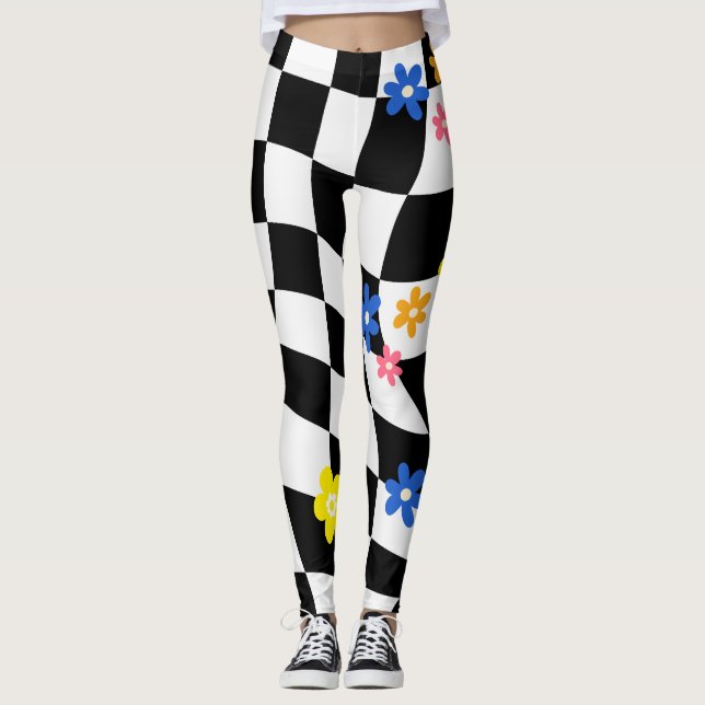 Groovy Daisy Floral Heart Checkerboard, Y2K 90s Leggings (Vorderseite)