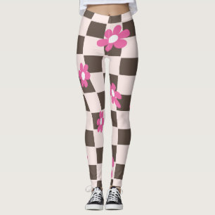 Groovy Daisy Floral Heart Checkerboard, Y2K 90s Leggings