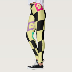 Groovy Daisy Floral Heart Checkerboard, Y2K 90s Leggings