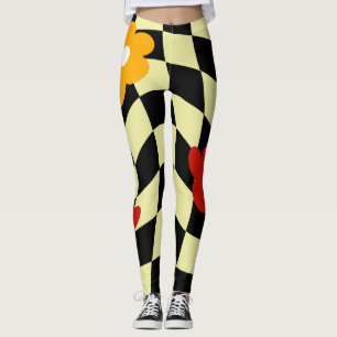 Groovy Daisy Floral Heart Checkerboard, Y2K 90s Leggings