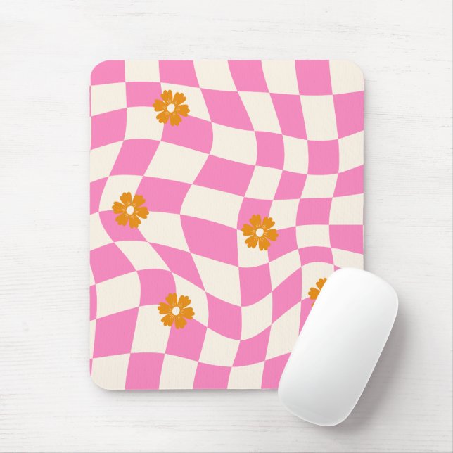 Groovy Daisy Floral Heart Checkerboard, Y2K 90s Mousepad (Mit Mouse)