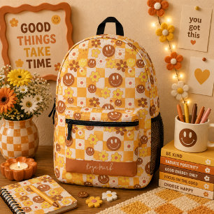 Groovy Daisy Floral Schachbrett, Y2K 90er Bedruckter Rucksack