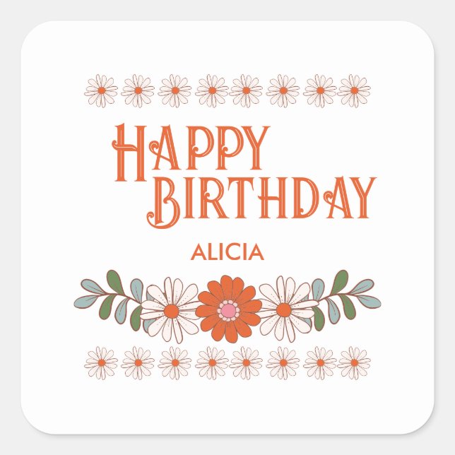 Groovy Daisy Hippie Flora Leaf Happy Birthday Quadratischer Aufkleber (Vorderseite)