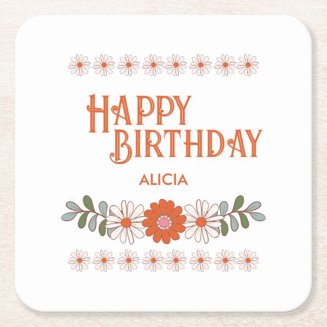 Groovy Daisy Hippie Flora Leaf Happy Birthday Rechteckiger Pappuntersetzer (Vorderseite)