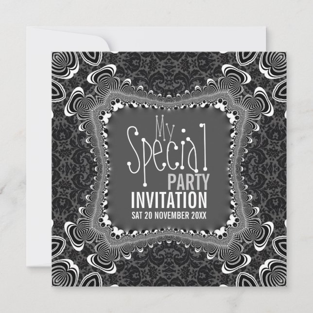 Groovy Damask Drehung Schwarz-weiße Party Einladun Einladung (Vorderseite)