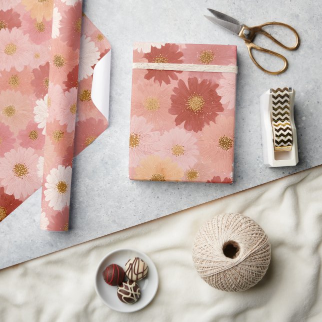 Groovy Erröten Boho Daisy Blumen Garten Muster Geschenkpapier (Kunsthandwerk)