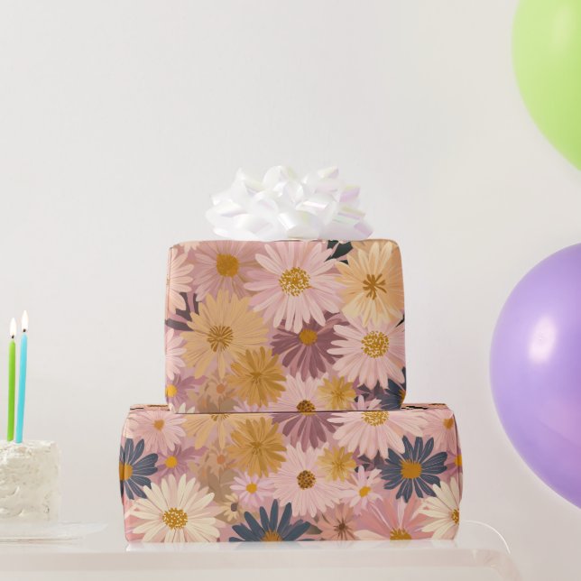 Groovy Erröten Boho Daisy Blumen Garten Muster Geschenkpapier (Partygeschenke)