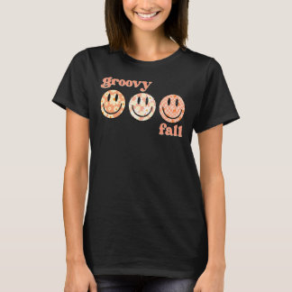 Groovy Fall Happy Face Retro Blume Schachbrett T-Shirt