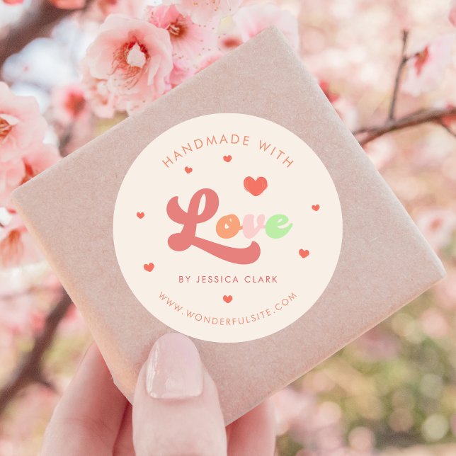 Groovy farbenfroher Retro Handmade in Liebe Herz Runder Aufkleber (Von Creator hochgeladen)