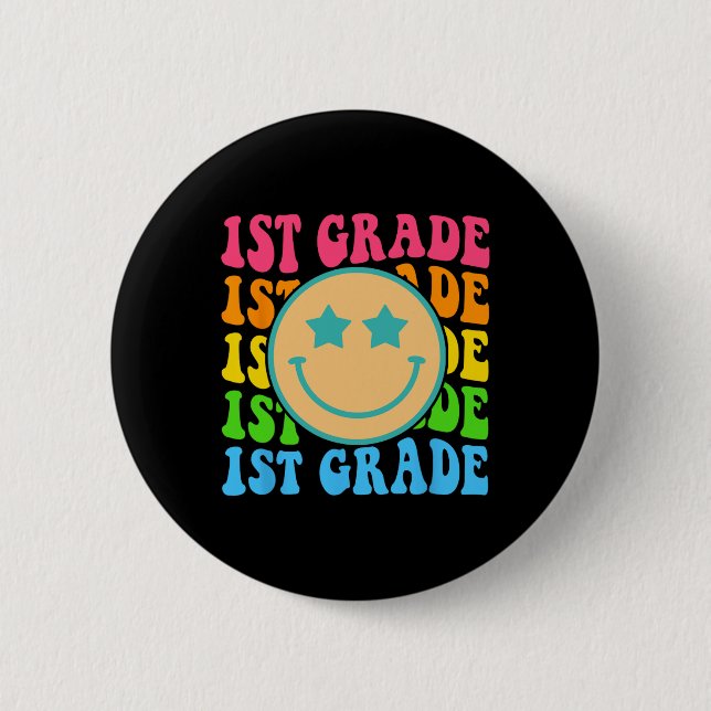 Groovy First Grade Vibes Face Retro Lehrer zurück Button (Vorderseite)