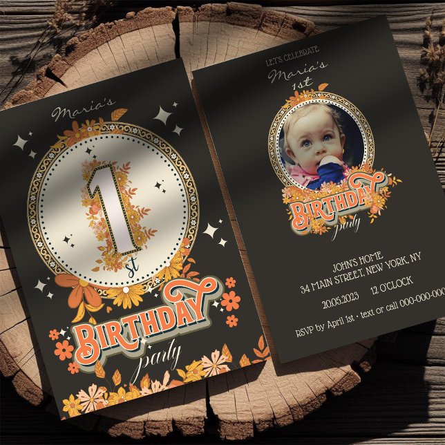 Groovy floral one Custom Foto Einladung (Von Creator hochgeladen)