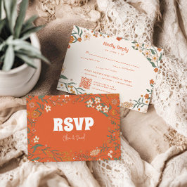 Groovy Floral Vintag Retro Wedding RSVP Karte