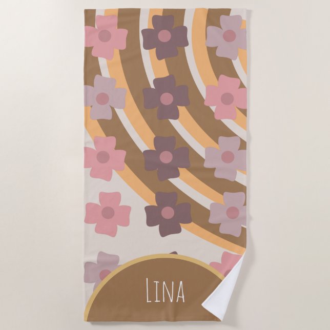 Groovy Florals Rainbow Brown Name Badtuch Strandtuch (Vorderseite)