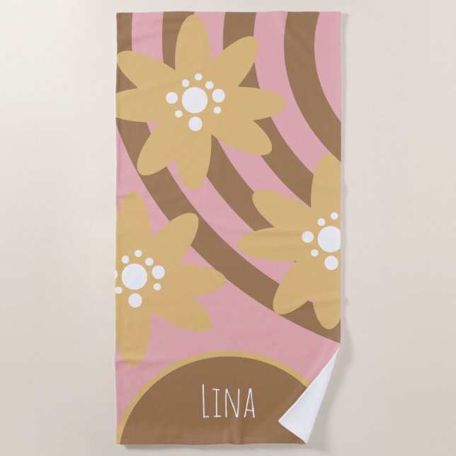 Groovy Florals Yellow Brown Name Badtuch Strandtuch (Vorderseite)