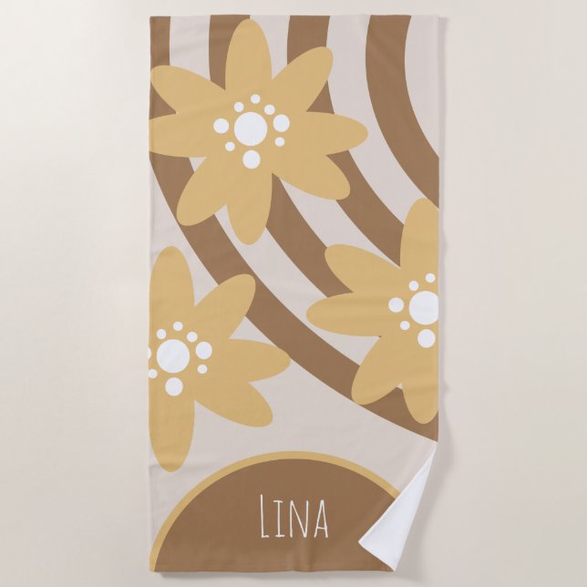 Groovy Florals Yellow Brown Name Badtuch Strandtuch (Vorderseite)