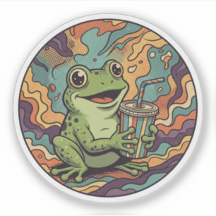 Groovy Frog Drinking Soda - Retro Psychedelic Art Aufkleber