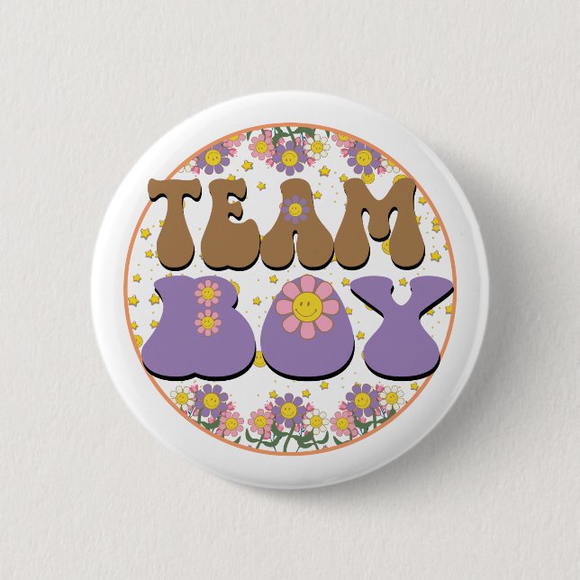 Groovy Gender Reveal Team Boy Blue, Retro Blume Button (Vorderseite)