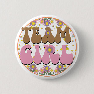 Groovy Gender Reveal Team Girl Pink, Retro Blume Button
