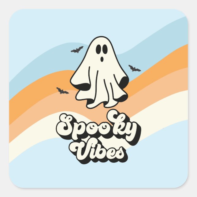 Groovy Ghost Retro Halloween Spooky Vibes Blue Quadratischer Aufkleber (Vorderseite)