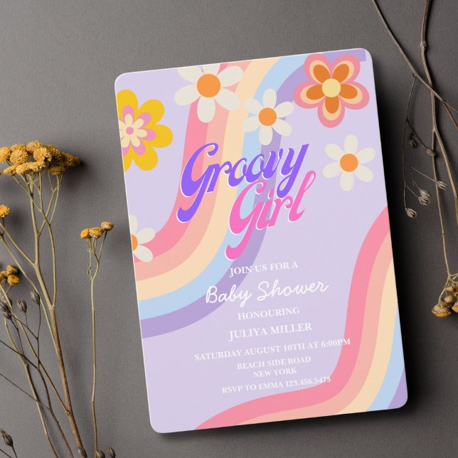 Groovy Girl Retro Rainbow Baby Girl Dusche Einladung (Von Creator hochgeladen)