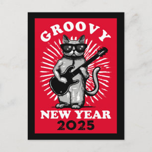 Groovy Gitarrist Katze Frohes neues Jahr 2025 Postkarte