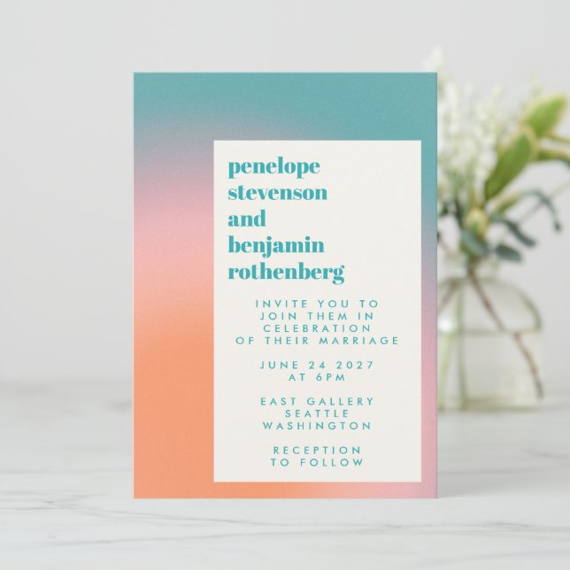 Groovy Gradient Aquamarin Pink Orange Abstrakte Ho Einladung (Stehend Vorderseite)