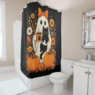 Groovy Halloween-Geist mit schwarzer Katze floral Duschvorhang