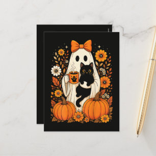Groovy Halloween-Geist mit schwarzer Katze floral Feiertagspostkarte