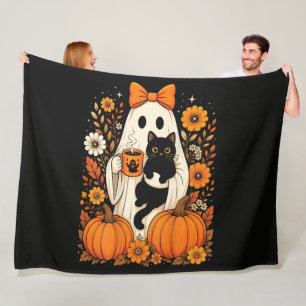 Groovy Halloween-Geist mit schwarzer Katze floral Fleecedecke