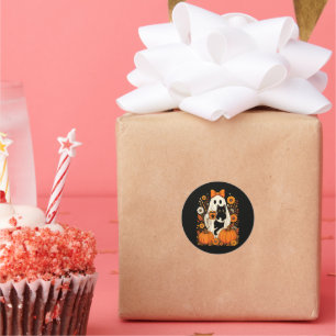Groovy Halloween-Geist mit schwarzer Katze floral Runder Aufkleber