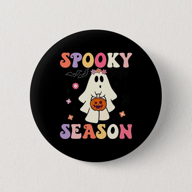 Groovy Halloween Ghost Holding Pumpkin Spooky Seas Button (Vorderseite)