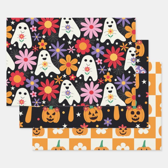 Groovy Halloween Ghosts Pumpkins und Blume Geschenkpapier Set (Set)