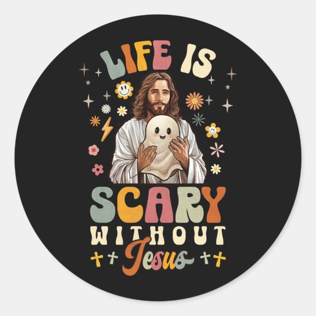 Groovy Halloween Leben ist Beängstigend ohne Jesus Runder Aufkleber (Vorderseite)